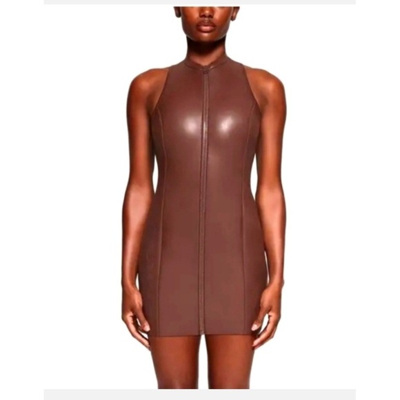 SKIMS Other - SKIMS Faux Leather Mock Neck Swim Dress Espresso Brown Full Zip Racerback NEW